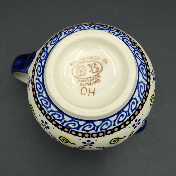Polish Pottery Bubble Creamer Boleslawiec Blue Yellow Swirl Small Pitcher - Picture 7 of 8